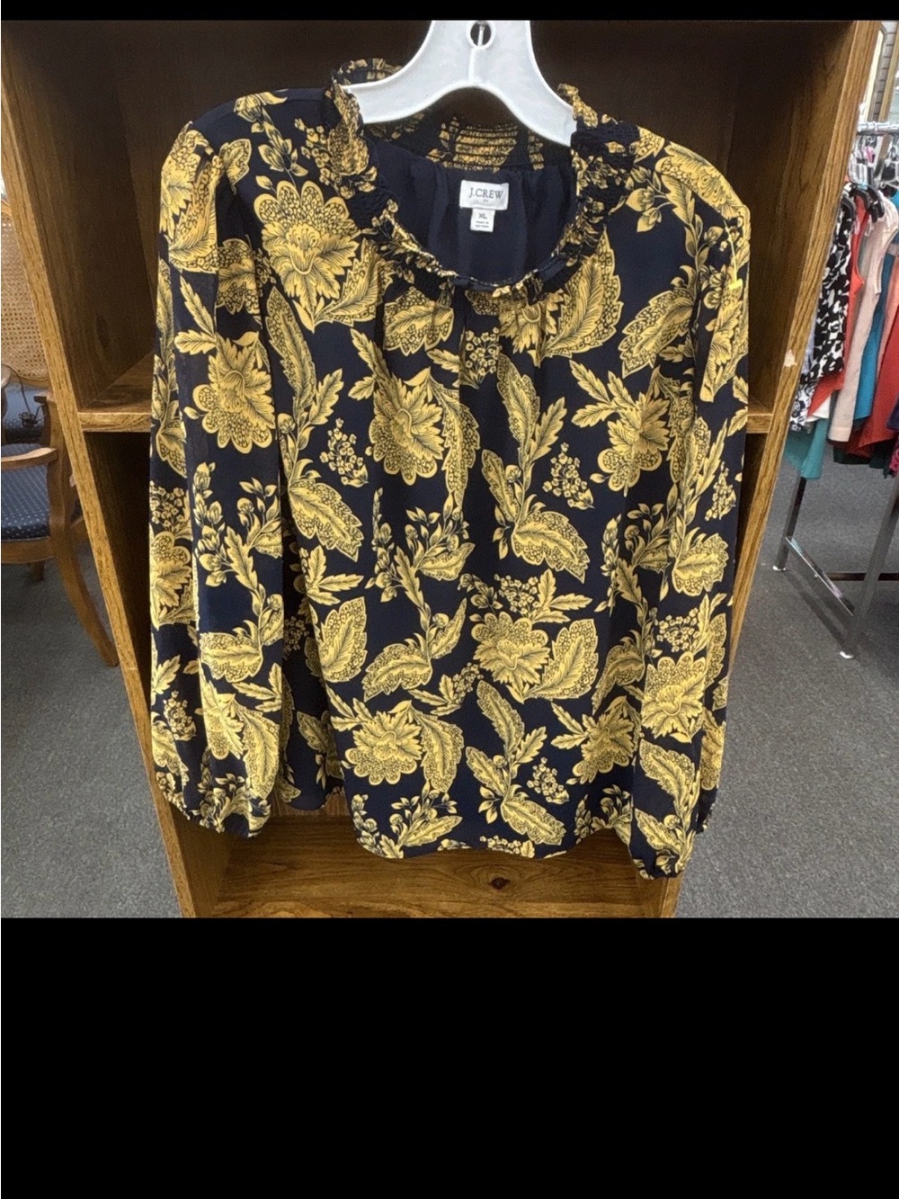 J. Crew Navy Top with Gold Floral Pattern